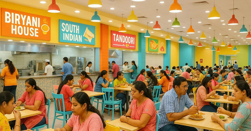 Workplace food court with biryani, South Indian and tandoori counters