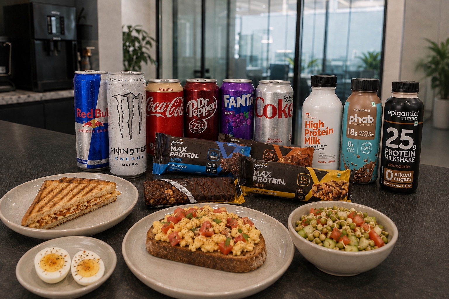 Office selection with Epigamia and Phab protein shakes, Provilac milk, halved boiled eggs, sandwich, egg toast, sprouts salad, RiteBite bars and branded drinks